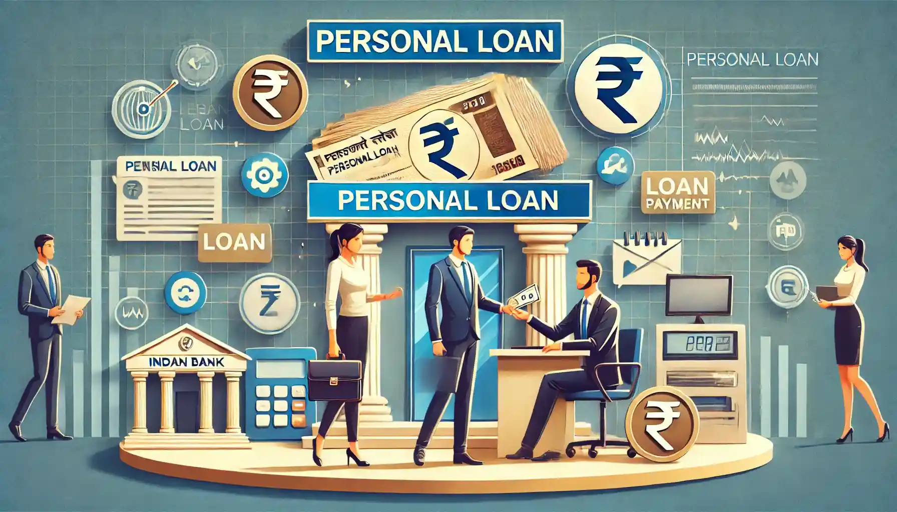 A professional financial-themed image displaying the text 'Personal Loan' in a modern Indian bank setting. A working couple interacts with a bank officer while holding cash, symbolizing loan disbursement. The background includes symbols of Indian banking, such as rupee symbols, loan documents, and digital payment icons.